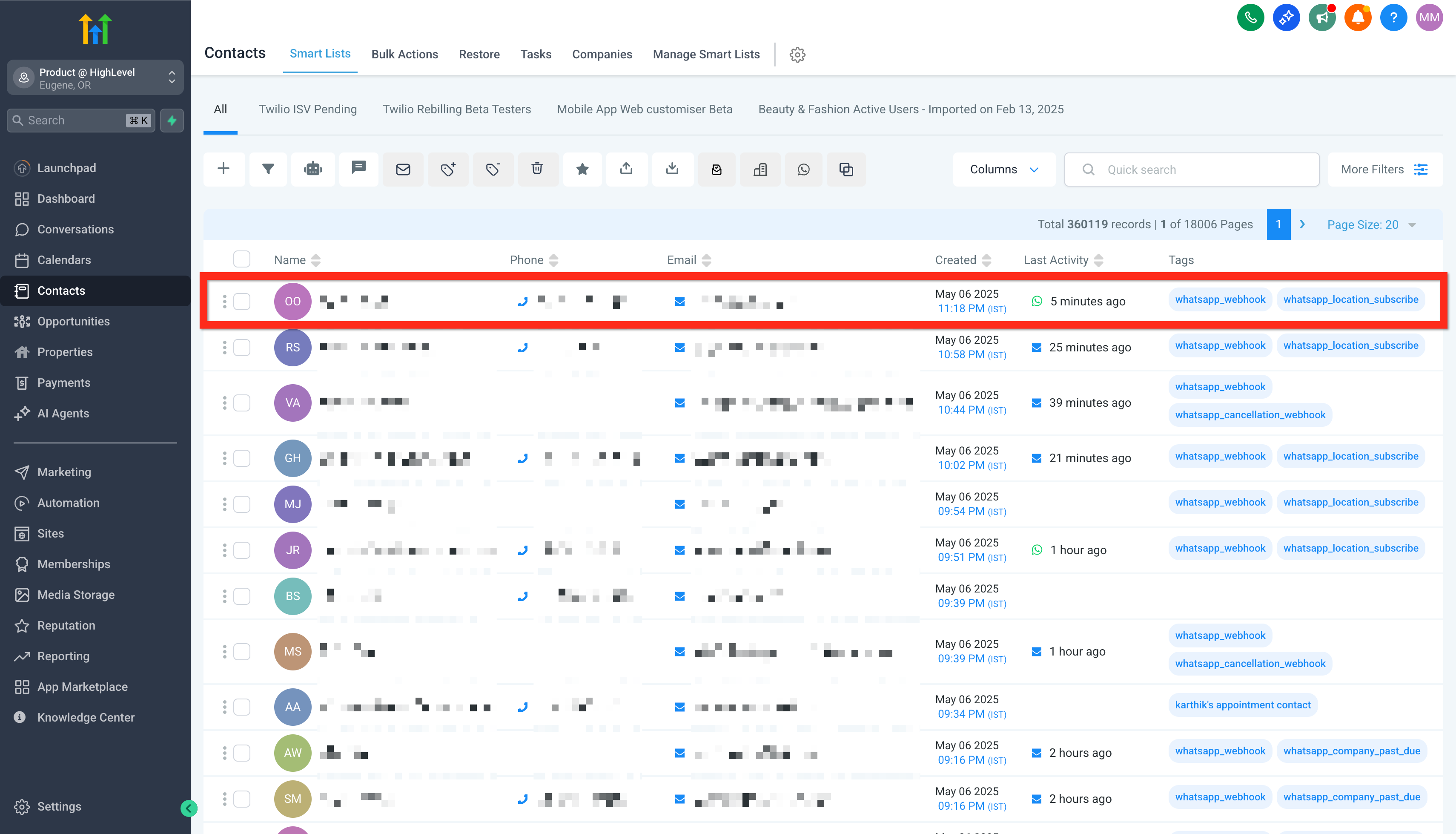Lista de contatos no CRM