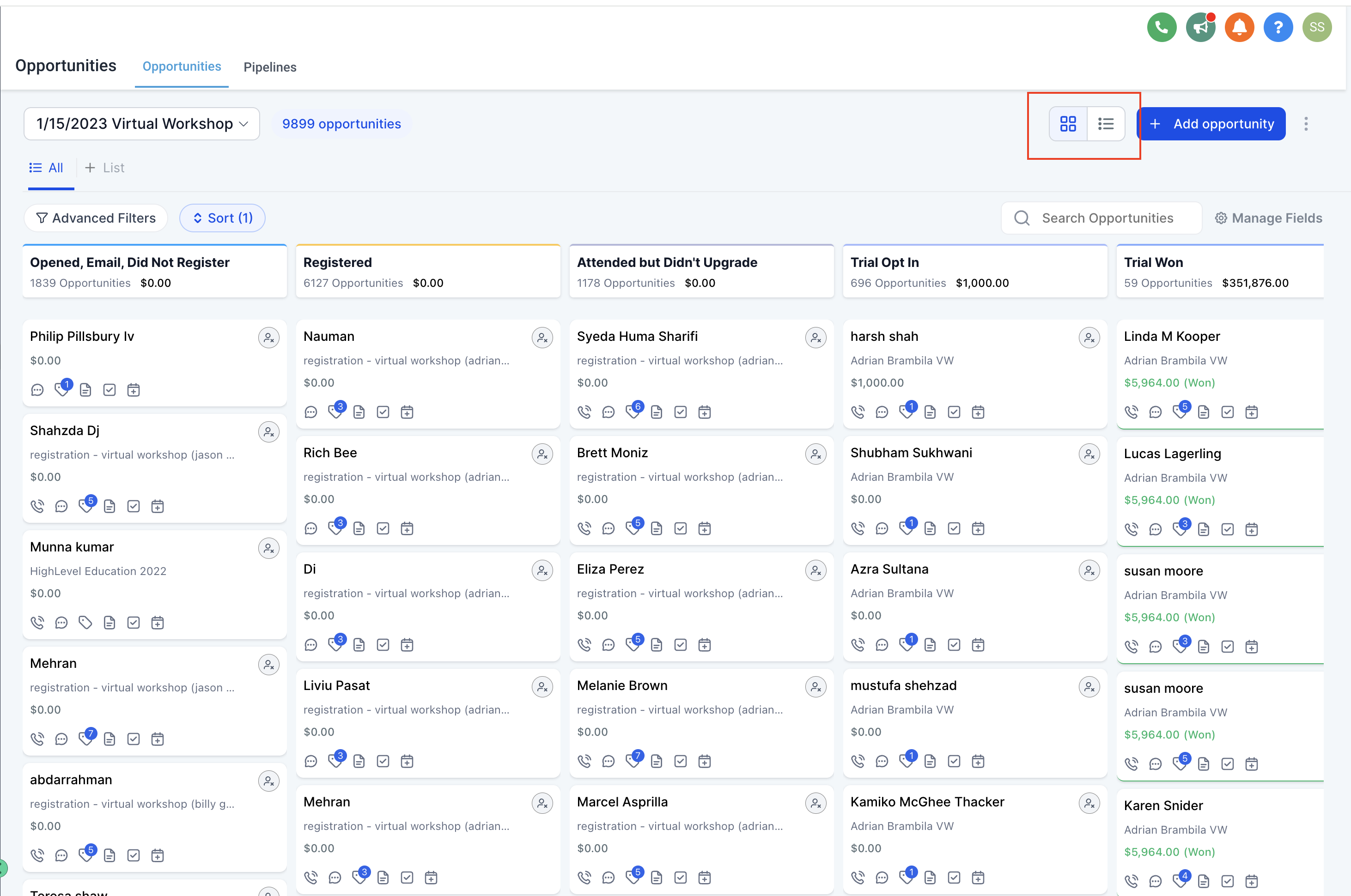 Como usar a visualização em lista - Abra oportunidades